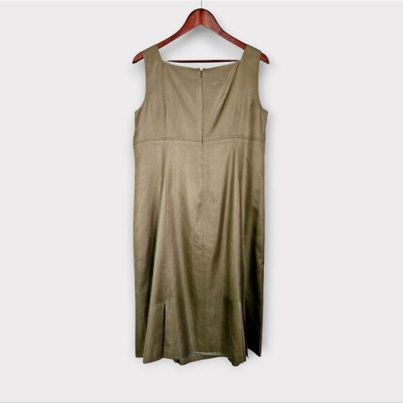 Vintage Talbots 100% Silk Olive Green Sleeveless Pleated Hem Sheath Dress 10 - Picture 3 of 10